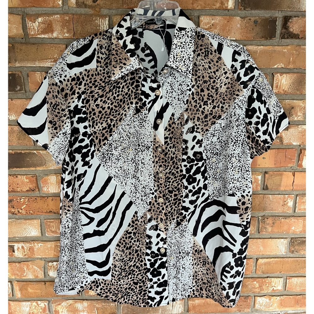 Emery Rose Women’s Plus Size Button Down Zebra Stripes & Leopard Print Blouse 1X